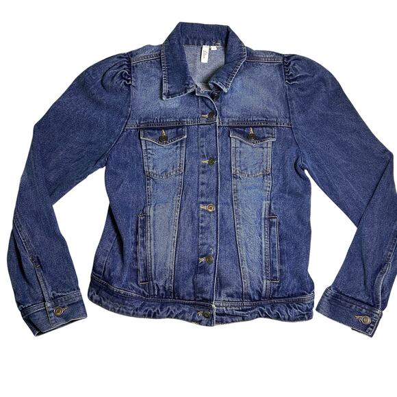 Elan Denim Jacket Womens L Rushed Shoulder Feminine Classic Trucker Girly - Picture 1 of 6